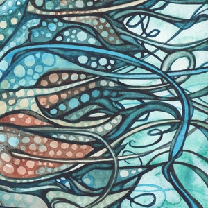 May include: Abstract watercolour painting with flowing lines and organic shapes in shades of teal, blue, and brown. The artwork features a mix of dotted and solid patterns, creating a dynamic and textured visual effect. The overall theme suggests a natural or botanical inspiration.