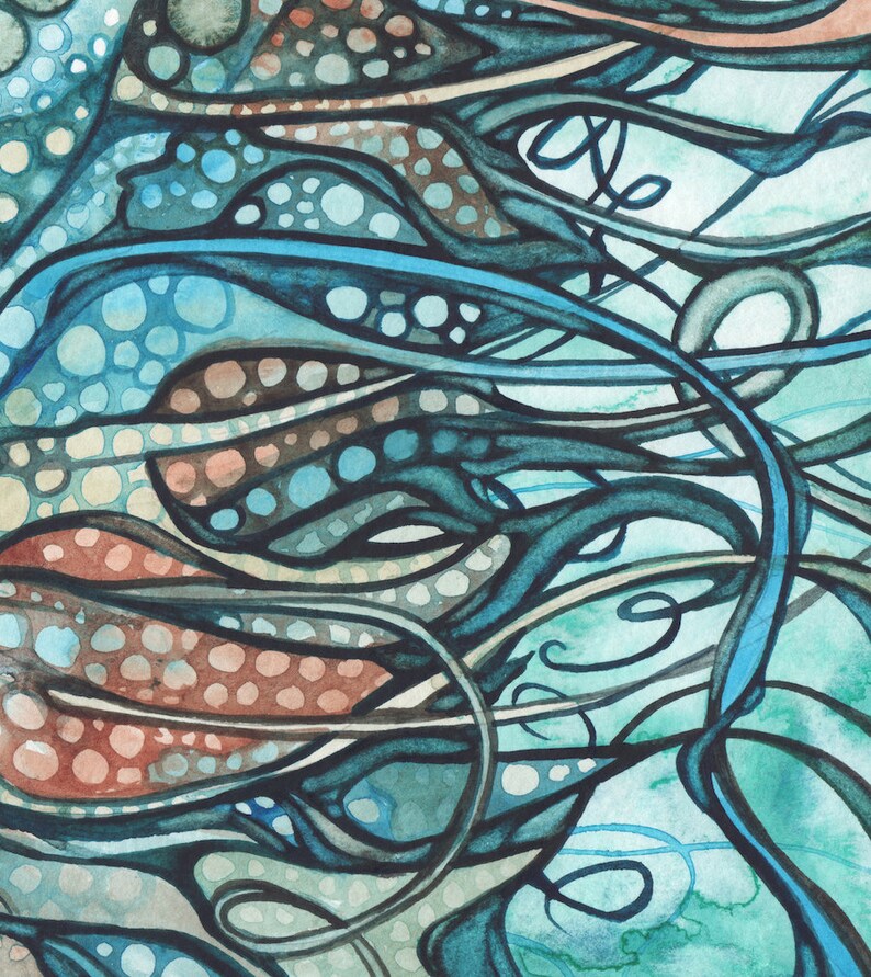 May include: Abstract watercolour painting with flowing lines and organic shapes in shades of teal, blue, and brown. The artwork features a mix of dotted and solid patterns, creating a dynamic and textured visual effect. The overall theme suggests a natural or botanical inspiration.
