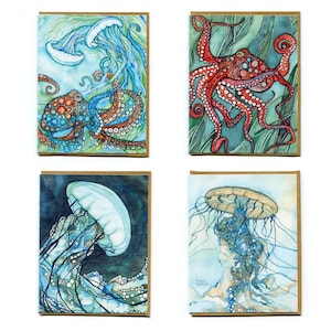 Cartes - MÉDUSE ET POULPE, oeuvre d'art aquarelle