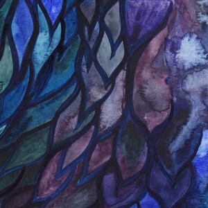 May include: Abstract watercolor painting with a pattern of overlapping blue, purple, and black leaves.