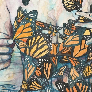 Butterfly Woman from Phthalo's Lake print of whimsical & surreal monarch butterfly queen woman, watercolour canvas, earth tones fairytale image 3