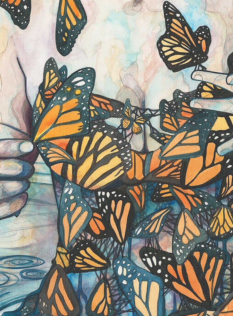Butterfly Woman from Phthalo's Lake print of whimsical & surreal monarch butterfly queen woman, watercolour canvas, earth tones fairytale image 3