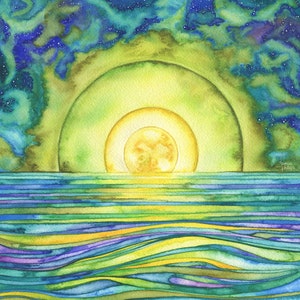 Eau de lune - impression aquarelle de la peinture originale, pleine lune, clair de lune lunaire océan mer lune marine marées phases lunaires nuit voile ciel