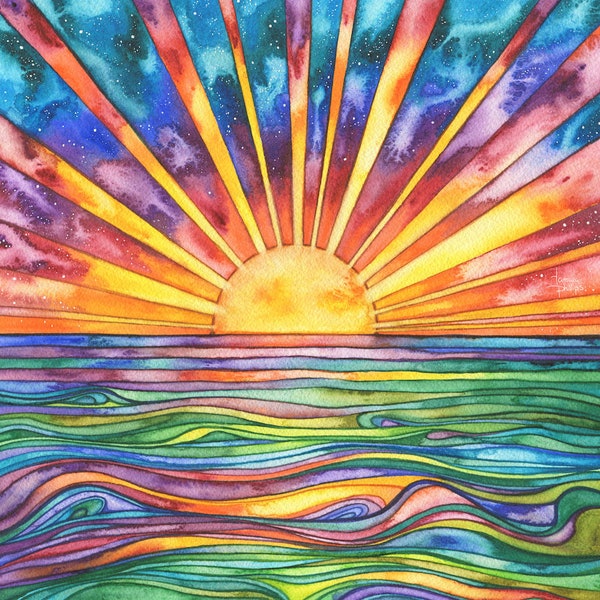 Large Print - Sun Water - original watercolour artwork paper print, sunset sunrise sunlight ocean sea solar sunshine uplifting happy