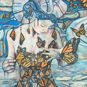 Butterfly Woman from Phthalo's Lake print of whimsical & surreal monarch butterfly queen woman, watercolour canvas, earth tones fairytale image 1