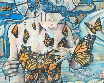 Butterfly Woman from Phthalo's Lake - print of whimsical & surreal monarch butterfly queen woman, watercolour canvas, earth tones fairytale