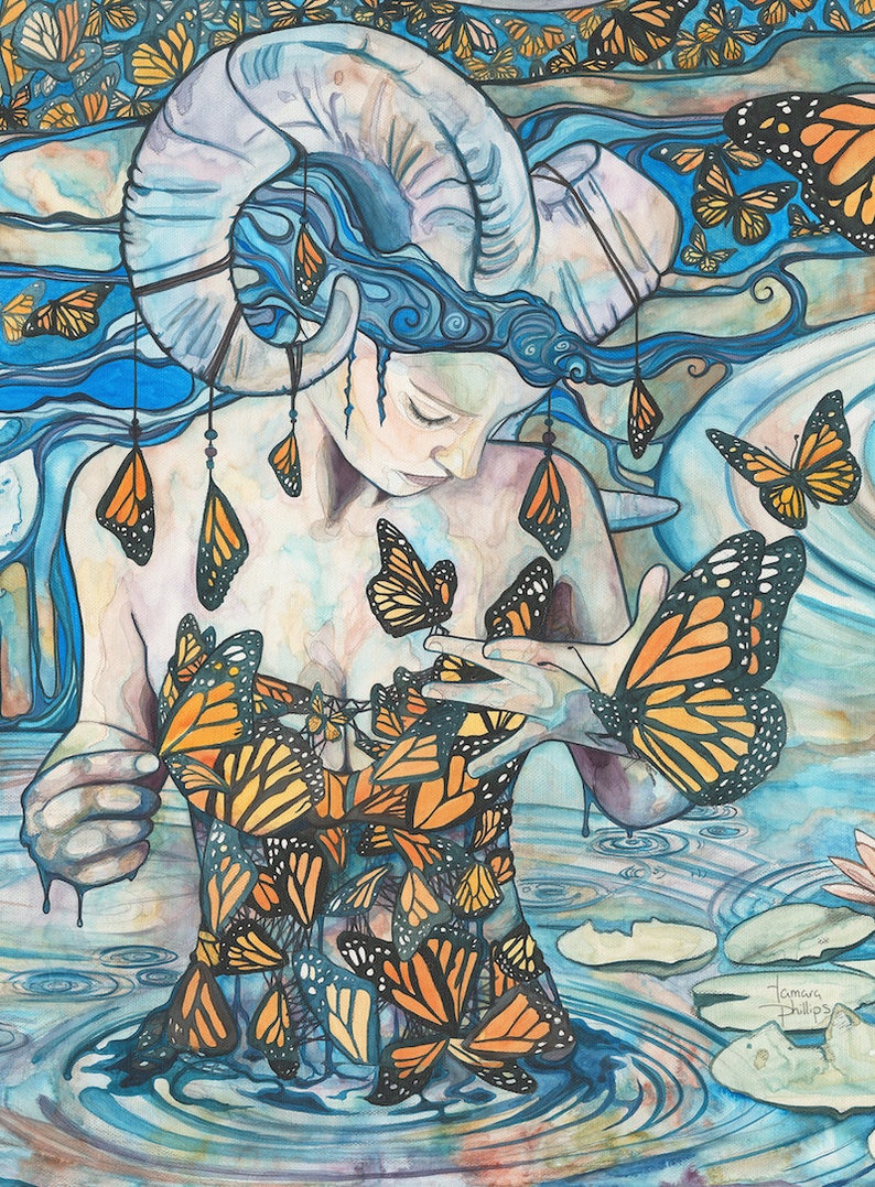 Butterfly Woman from Phthalo's Lake print of whimsical & surreal monarch butterfly queen woman, watercolour canvas, earth tones fairytale image 1