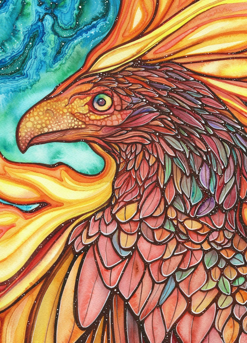 Phoenix - watercolour print, immortal self-aware regenerative transcending rebirth empowerment confidence renewal strength metamorphosis image 2