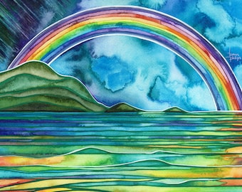 Rain Water - watercolour print of original painting, rainbow storm over Pacific Northwest coast, ocean sea beach house decor, nature lover