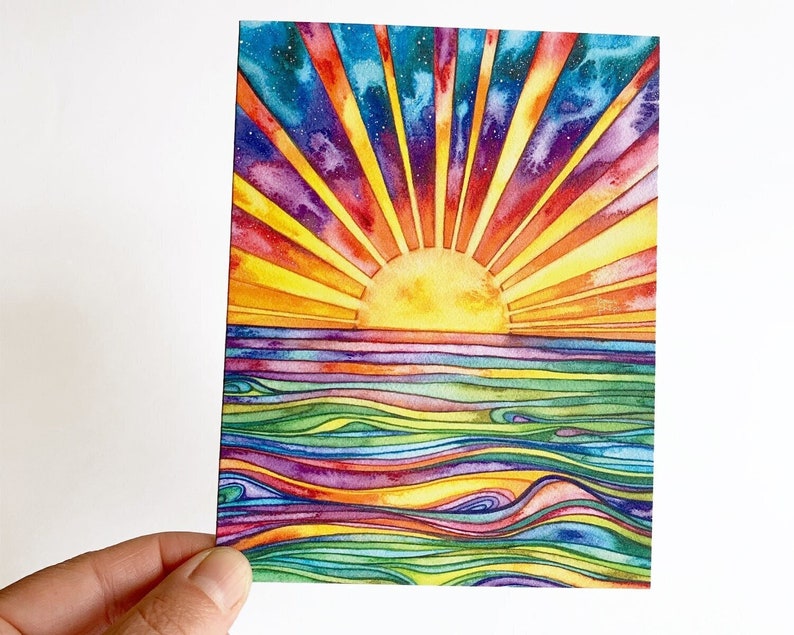 Sun Water card watercolour art celebrating the sunshine & the ocean, sunset, sunrise image 1