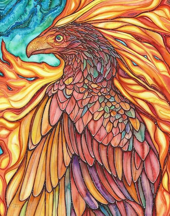 Phoenix - watercolour print, immortal self-aware regenerative transcending rebirth empowerment confidence renewal strength metamorphosis