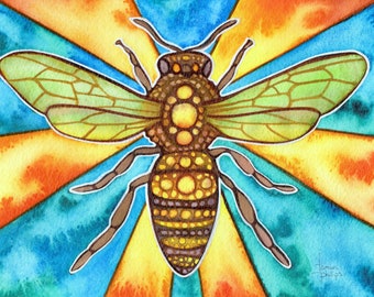 Sun Bee - watercolour print of original painting, honey bee in sunset sunrise with solar rays of sunshine sunlight for nature house decor