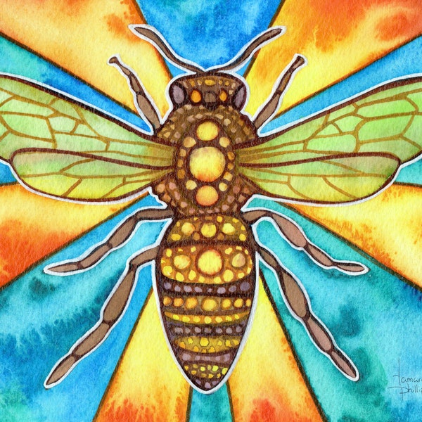 Sun Bee - watercolour print of original painting, honey bee in sunset sunrise with solar rays of sunshine sunlight for nature house decor