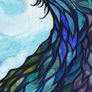 May include: Abstract watercolor painting of a blue, green, and purple wave with black outlines. The wave is made up of many small, overlapping shapes.