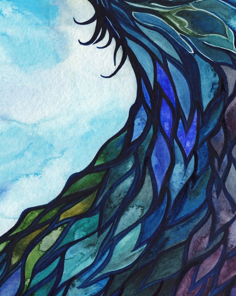 May include: Abstract watercolor painting of a blue, green, and purple wave with black outlines. The wave is made up of many small, overlapping shapes.
