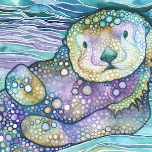 Sea Otter - print of watercolour artwork in turquoise purple & sea grass green, ocean marine wildlife, home bedroom nursery beach house art