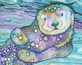 Sea Otter - print of watercolour artwork in turquoise purple & sea grass green, ocean marine wildlife, home bedroom nursery beach house art