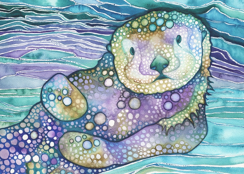 Sea Otter print of watercolour artwork in turquoise purple & sea grass green, ocean marine wildlife, home bedroom nursery beach house art image 1