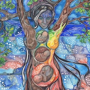 TREE of LIFE Cha Wakan print of beautiful & colourful earth mother artwork, rebirth pregnant rainbow blue red green yellow orange image 1