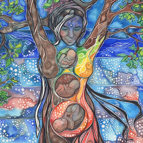 TREE of LIFE - Cha Wakan - print of beautiful & colourful earth mother artwork, rebirth pregnant rainbow blue red green yellow orange