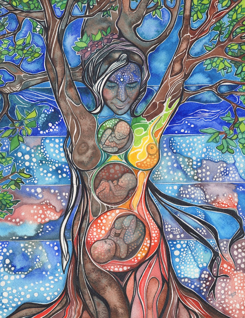 TREE of LIFE Cha Wakan print of beautiful & colourful earth mother artwork, rebirth pregnant rainbow blue red green yellow orange image 1