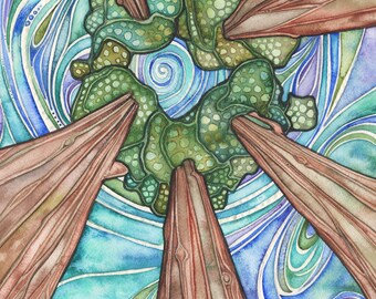 Cedar Skies Watercolor Print: Pacific Northwest Forest Art