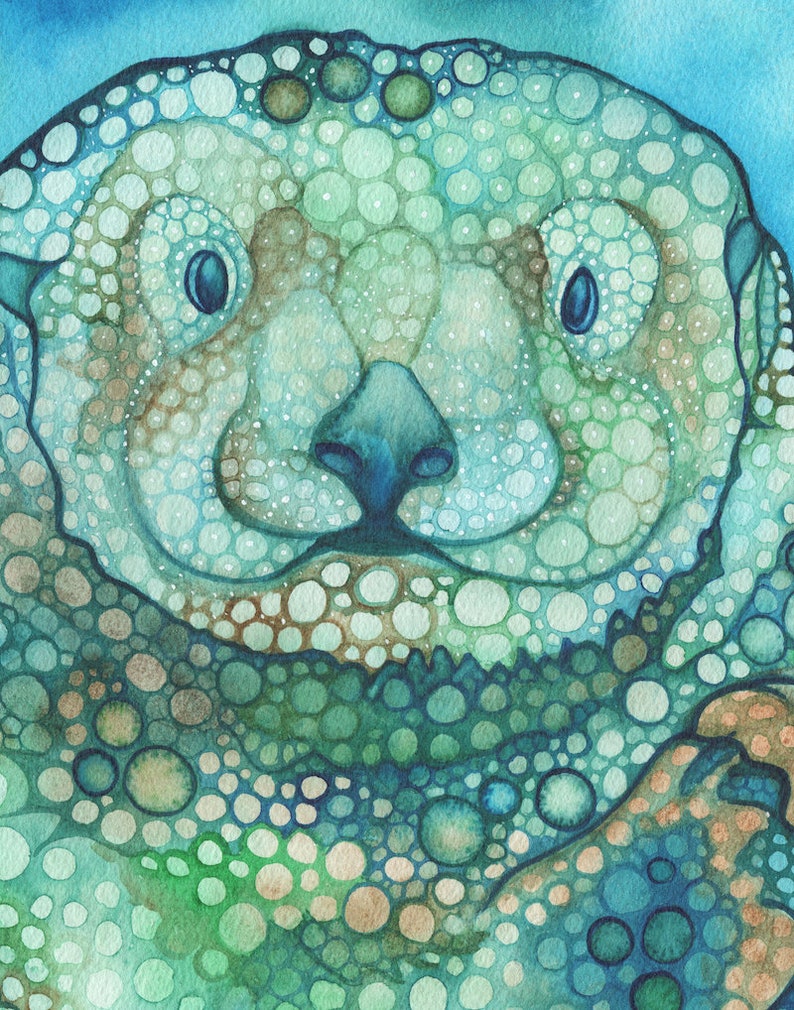 Aqua Otter print of watercolour cutie, sea ocean teal turquoise cute adorable playful friendly animal portrait watercolor painting art image 2