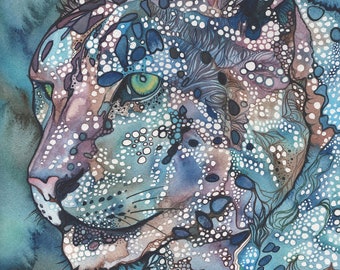 Snow Leopard - watercolour print of hand painted detailed artwork in whimsical and psychedelic turquoise blue green purple colours