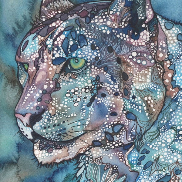 Snow Leopard - watercolour print of hand painted detailed artwork in whimsical and psychedelic turquoise blue green purple colours