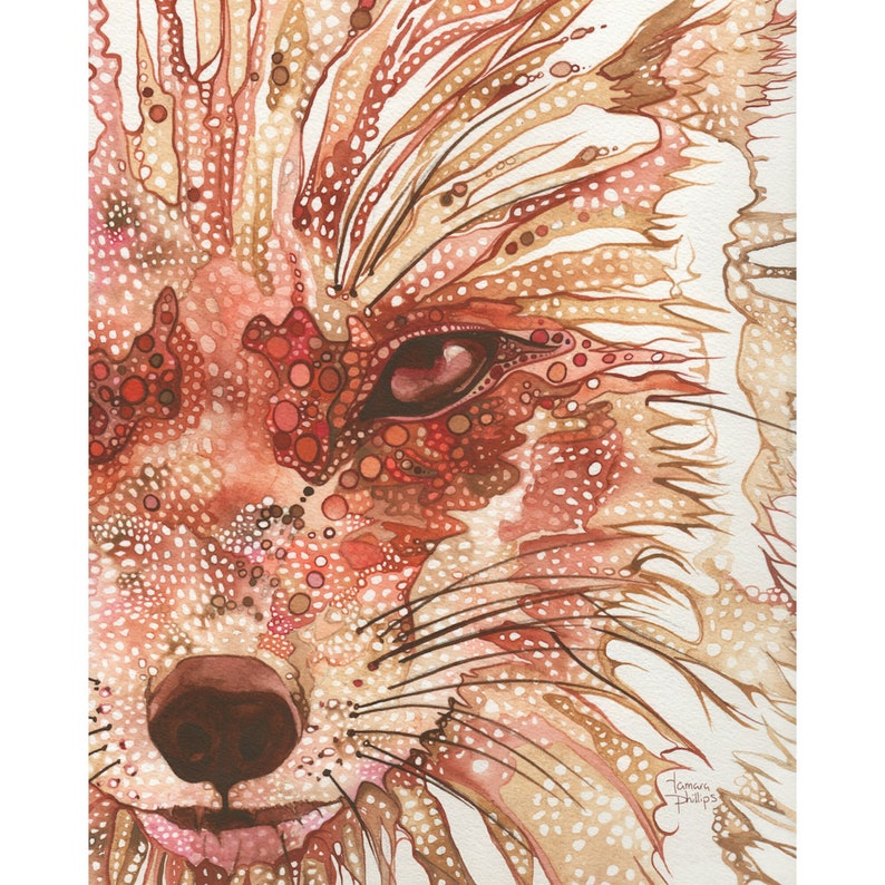 Fox print of watercolour painting in red rust orange vibrant colour painted, dog art watercolor artwork woodland forest whimsical animal image 1