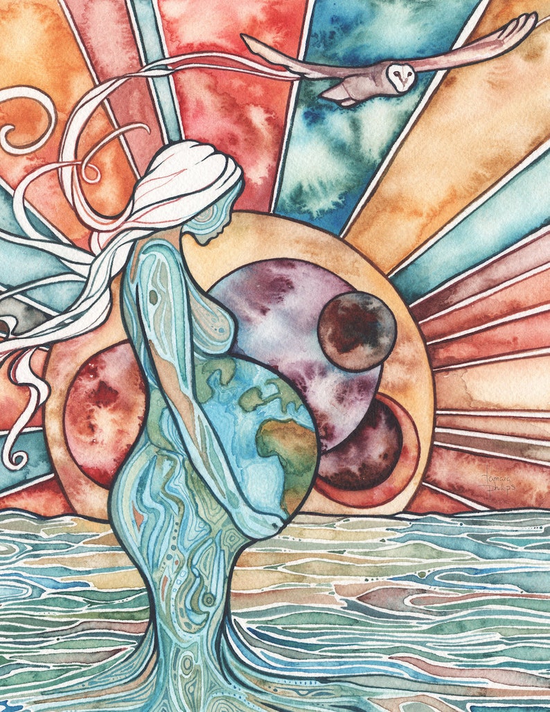 REBIRTH print of beautiful earth mother artwork, rebirth pregnant celestial sunrise sunset, sacred gift of life, birth motherhood artwork image 1