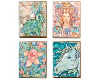 Cards - SPRING, watercolour artwork, cute bunny with moth ears, mushroom goddess, magnolia in bloom, sacred white horse, pink and turquoise