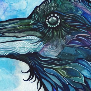 May include: A close-up of a watercolor painting of a raven's head. The raven's eye is detailed with a white circle around the pupil. The raven's feathers are painted in shades of blue, green, and purple.