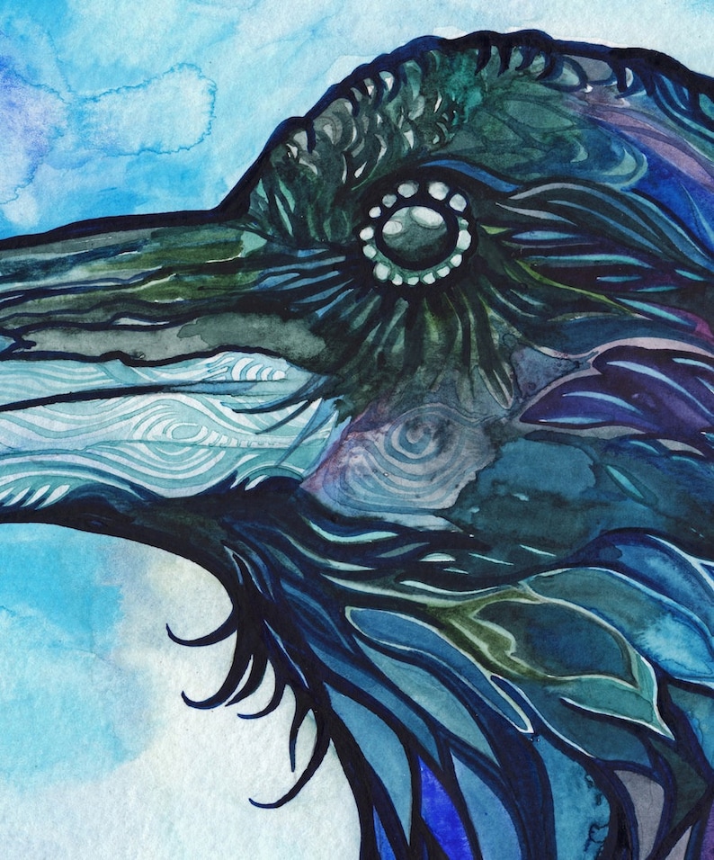 May include: A close-up of a watercolor painting of a raven's head. The raven's eye is detailed with a white circle around the pupil. The raven's feathers are painted in shades of blue, green, and purple.