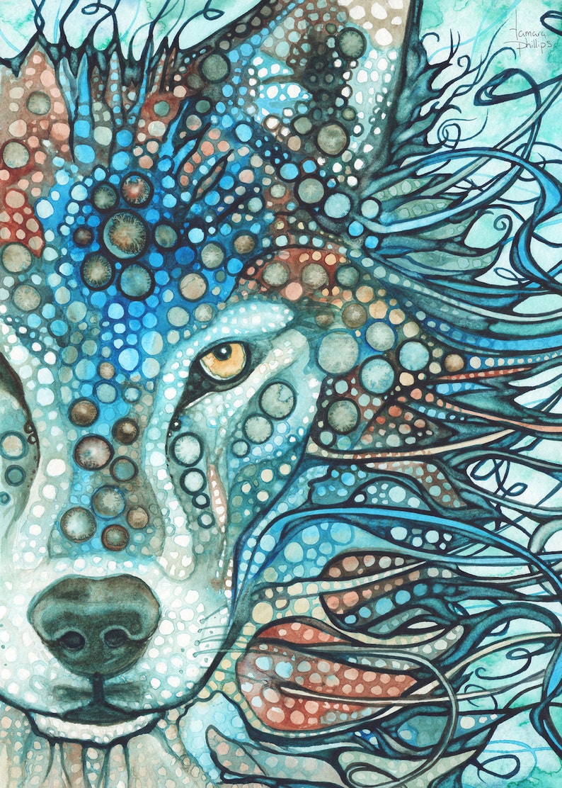 May include: A watercolour painting of a wolf's face, with detailed patterns in blue, brown, and white. The artwork highlights the eye and nose, with a focus on the textured, dot-like design. The artist's signature is visible.