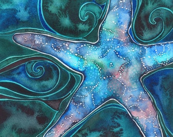 SEA STAR - Druck von Aquarell Seestern Malerei, Ozean marine Meer Strand Kunst Dekor, Cottage Kabine Zuhause Badezimmer Schlafzimmer, Wand Design Kunst