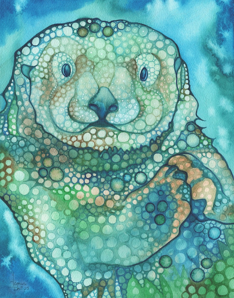 Aqua Otter print of watercolour cutie, sea ocean teal turquoise cute adorable playful friendly animal portrait watercolor painting art image 1