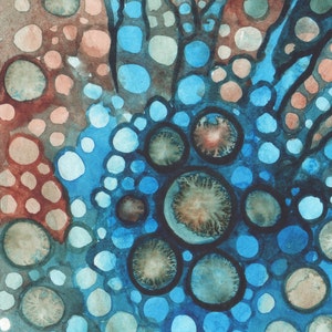 May include: Abstract watercolour painting with a pattern of overlapping circles in shades of blue, brown, and peach. The circles vary in size and are arranged in a dynamic, organic composition, creating a sense of depth and movement. The artwork has a textured appearance.