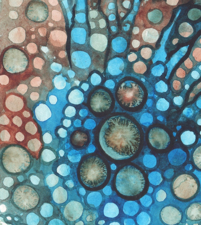May include: Abstract watercolour painting with a pattern of overlapping circles in shades of blue, brown, and peach. The circles vary in size and are arranged in a dynamic, organic composition, creating a sense of depth and movement. The artwork has a textured appearance.