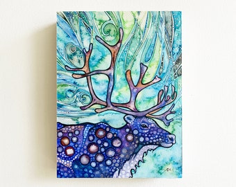 Original Watercolour painting "Caribou" 9"x12" artwork, aka Reindeer, turquoise blue violet, aurora borealis, northern lights, forest spirit