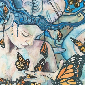 Butterfly Woman from Phthalo's Lake print of whimsical & surreal monarch butterfly queen woman, watercolour canvas, earth tones fairytale image 2