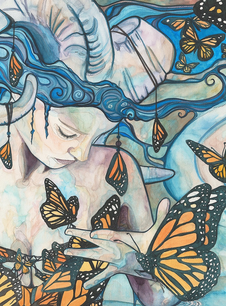 Butterfly Woman from Phthalo's Lake print of whimsical & surreal monarch butterfly queen woman, watercolour canvas, earth tones fairytale image 2