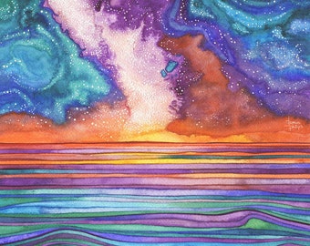 Large Print - Star Water  - original watercolour art, milky way, ocean sea marine starlight nebula galaxy northern lights aurora borealis