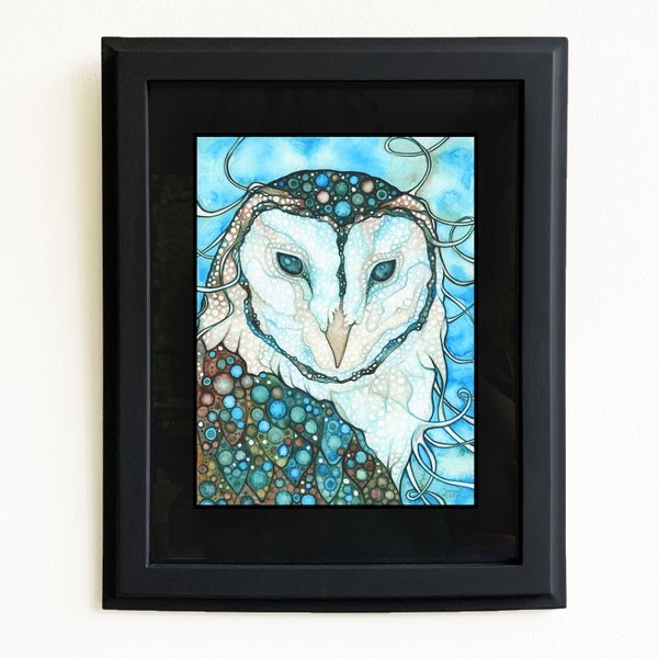 Starlit Owl in matte black glass frame - watercolour artwork, fine art print, black mat, repurposed frame painted in matte black