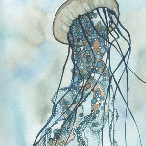 Impresión de medusas III: Pintura de acuarela turquesa, azul y verde