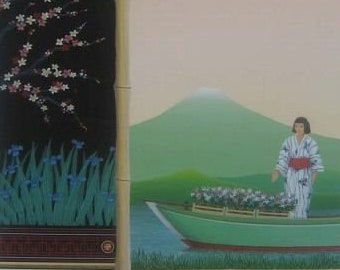 May include: A painting of a woman in a traditional Japanese kimono standing in a boat with flowers. The boat is on a lake in front of a green mountain. The background is a black and white image of a tree with pink flowers.