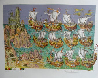 Guillermo Silva Originallitografi "Medeltidsutflykt"