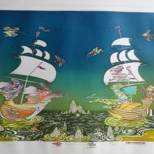 Guillermo Silva&quot; Duelo Naval&quot; Original Hand-Colored Etching