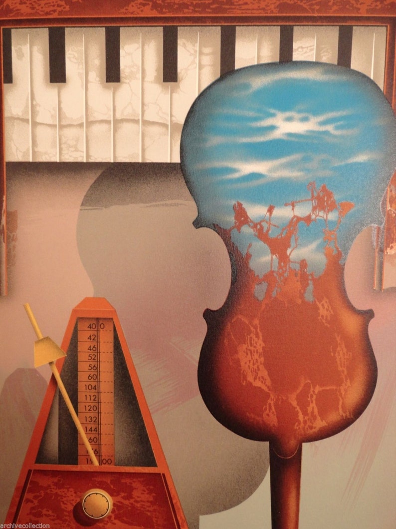 K&ouml;nnte beinhalten: Ein rotes und braunes Metronom mit einem wei&szlig;en Zeiger und eine schwarz-wei&szlig;e Klaviertastatur im Hintergrund. Eine braune Geige mit einem blauen und wei&szlig;en Himmel, der auf den Korpus gemalt ist, befindet sich ebenfalls im Hintergrund.