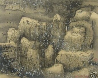 CC Wang Original Signed Lithograph "Village in the Snow"